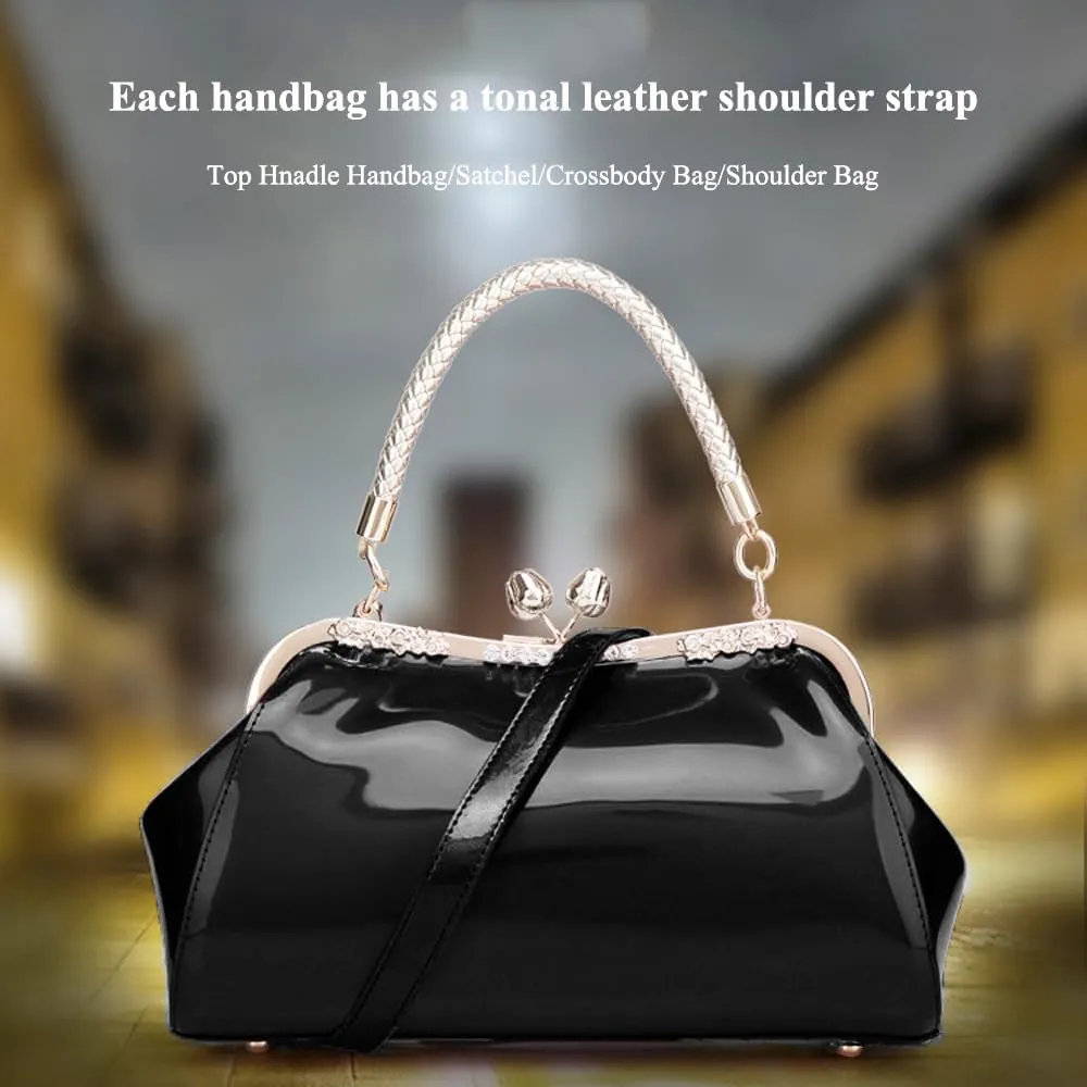 ZiMing Glossy Patent Leather Handbags Women Kiss Lock Purse Top Handle Handbag Evening Bag Satchel Shoulder Crossbody Bag