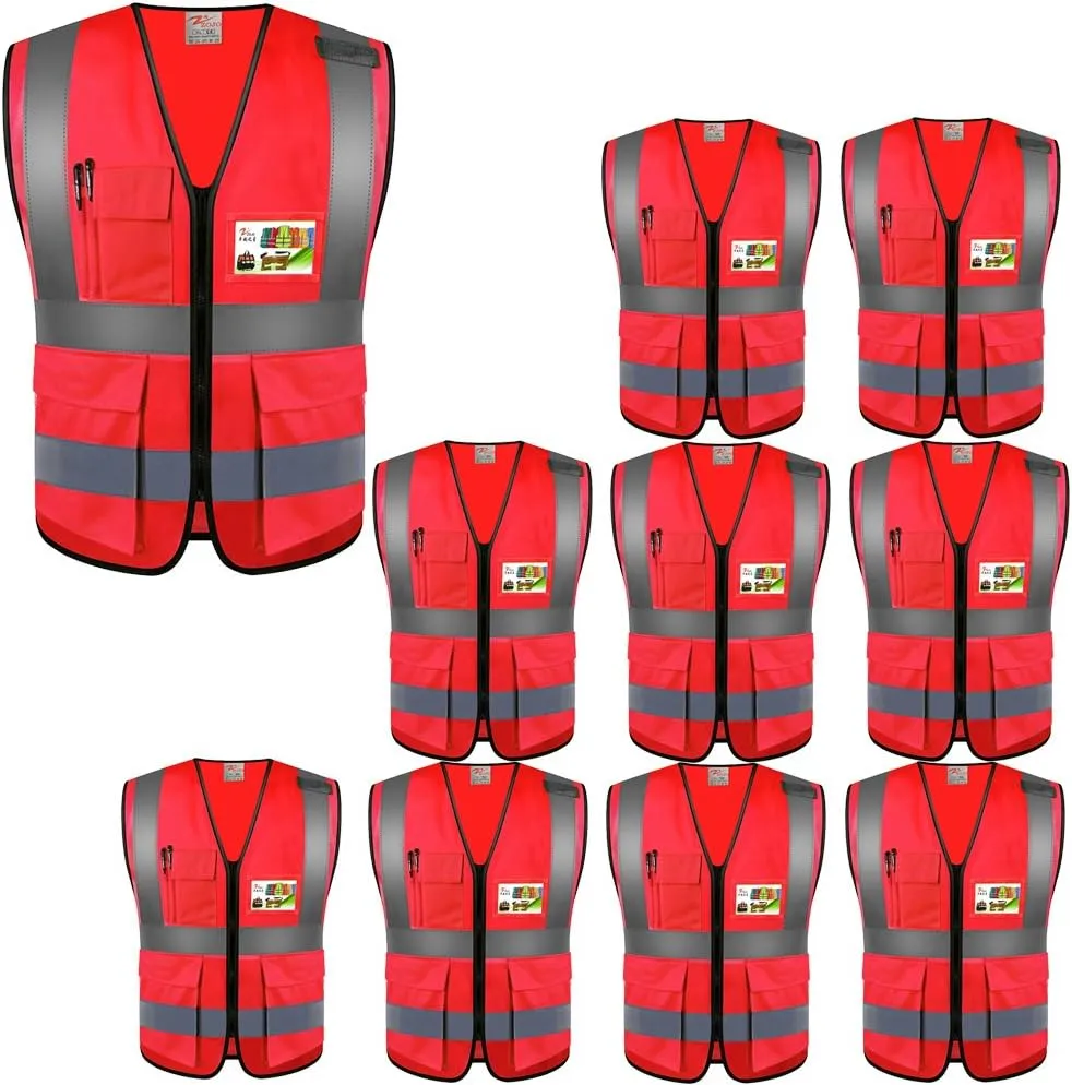 zojo High Visibility Safety Vests With Pockets, for Outdoor Works, Cycling, Jogging, Walking,Sports - Fits for Men and Women Pack of 10 (XXL-Red)