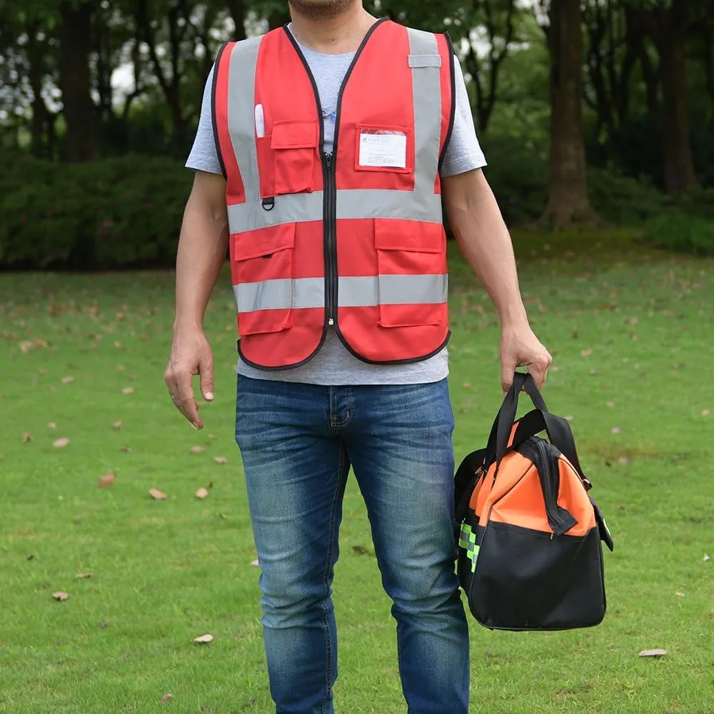 zojo High Visibility Safety Vests With Pockets, for Outdoor Works, Cycling, Jogging, Walking,Sports - Fits for Men and Women Pack of 10 (XXL-Red)