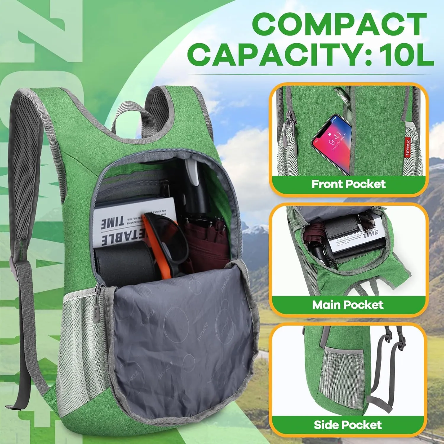 ZOMAKE 10L Ultra Lightweight Packable Backpack, Small Daypack Light Foldable Backpacks Water Resistant Day Bag for Hiking(Dark Green)