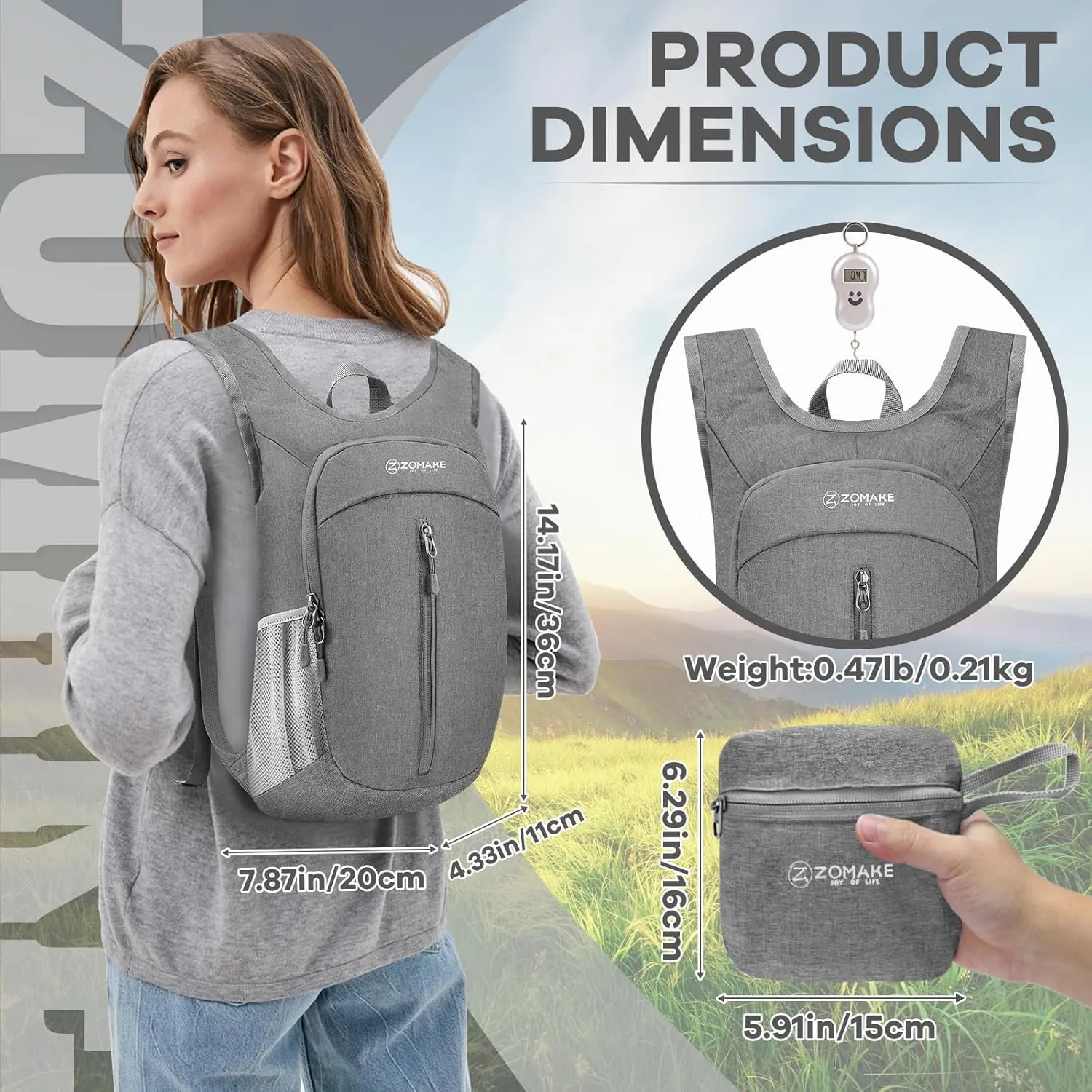 ZOMAKE 10L Ultra Lightweight Packable Backpack, Small Daypack Light Foldable Backpacks Water Resistant Day Bag for Hiking(Grey)