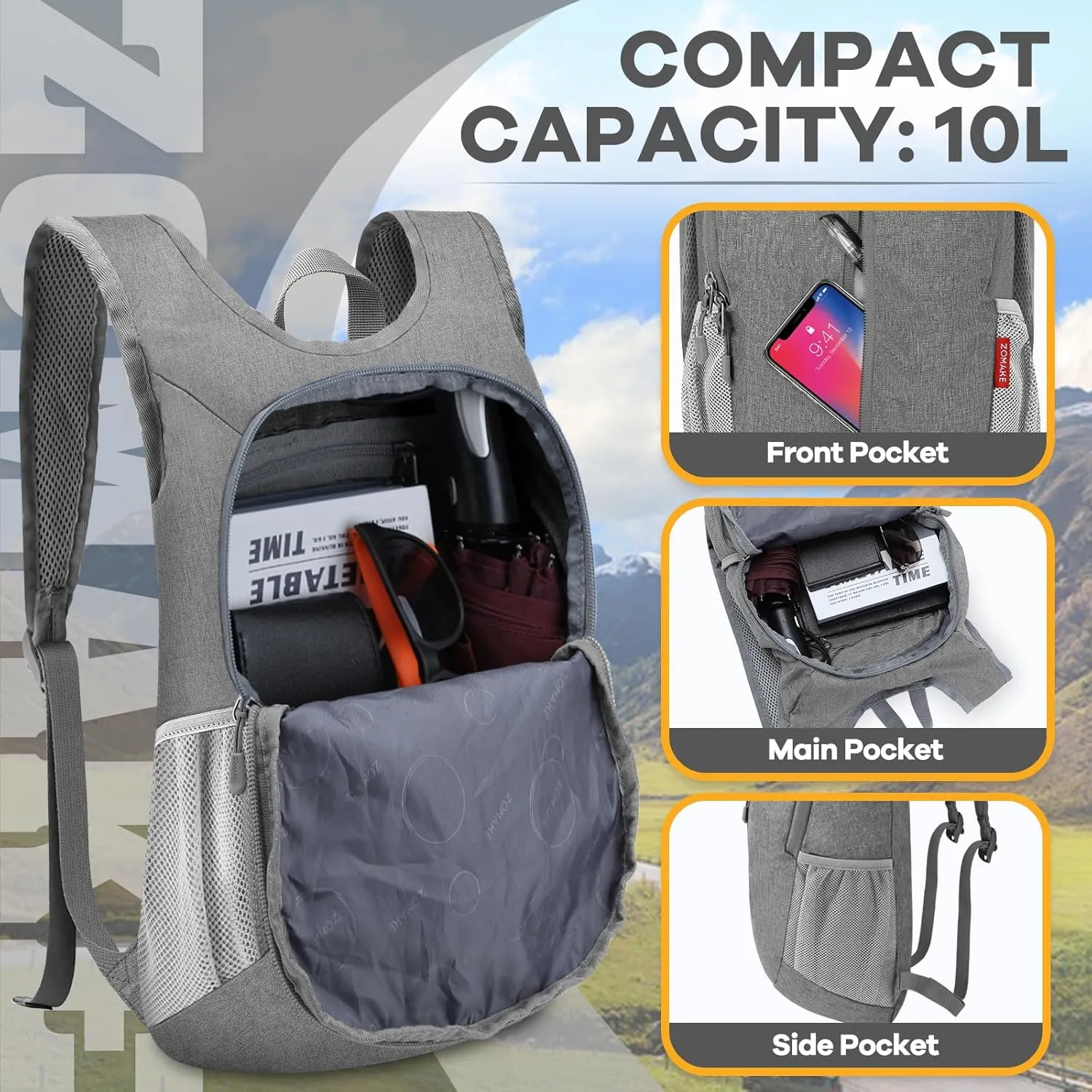 ZOMAKE 10L Ultra Lightweight Packable Backpack, Small Daypack Light Foldable Backpacks Water Resistant Day Bag for Hiking(Grey)