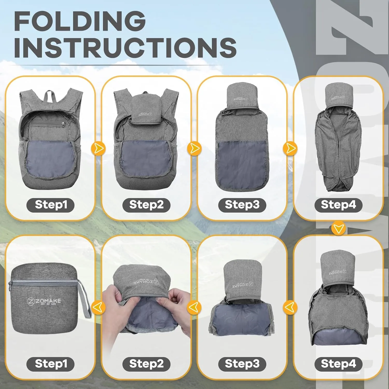 ZOMAKE 10L Ultra Lightweight Packable Backpack, Small Daypack Light Foldable Backpacks Water Resistant Day Bag for Hiking(Grey)