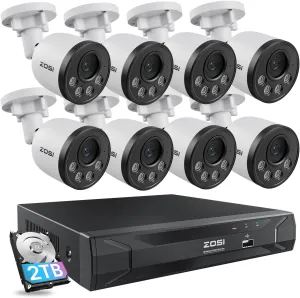 ZOSI 5MP 8CH PoE Security Camera System with Audio,H.265  5MP 8 Channel NVR with 2TB HDD,8pcs Weatherproof PoE IP Cameras Outdoor Indoor,Human Detection,100ft Night Vision,for Home 24-7 Recording
