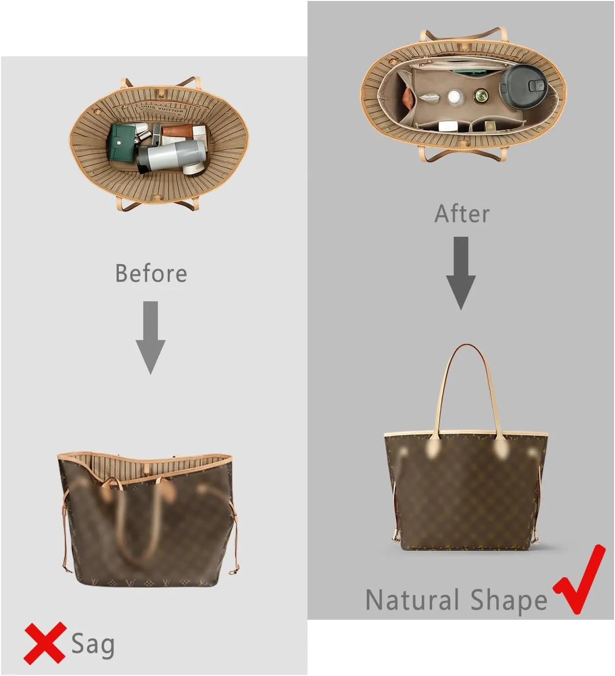 ZTUJO Purse Organizer Insert For Handbag & Tote Shaper,Tote Bag Organizer Insert For Speedy Neverful, 6 Sizes (Large,Silky Beige)