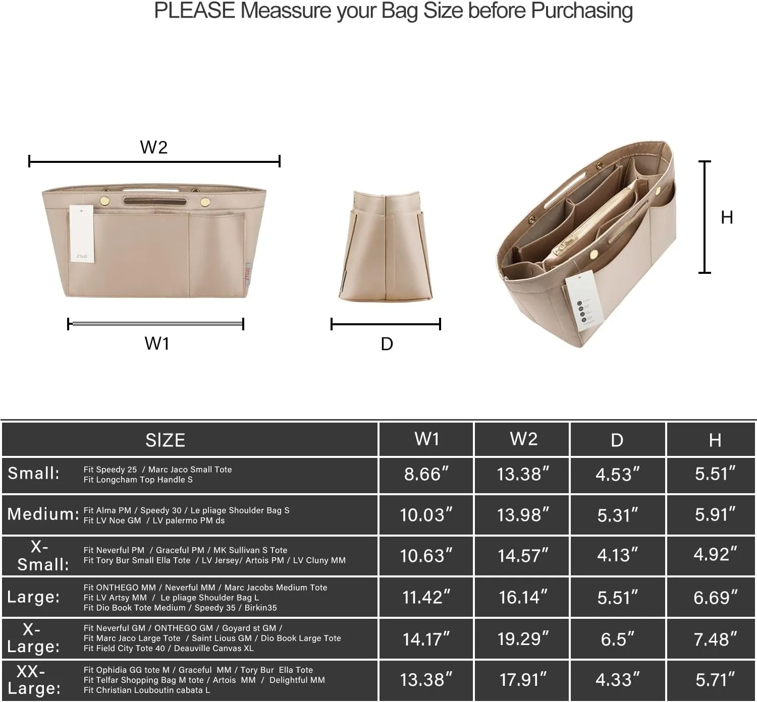 ZTUJO Purse Organizer Insert For Handbags, Silky Bag Organizer With 2 Zippers For Speedy Neverful Tote and More (Beige, XX-Large)