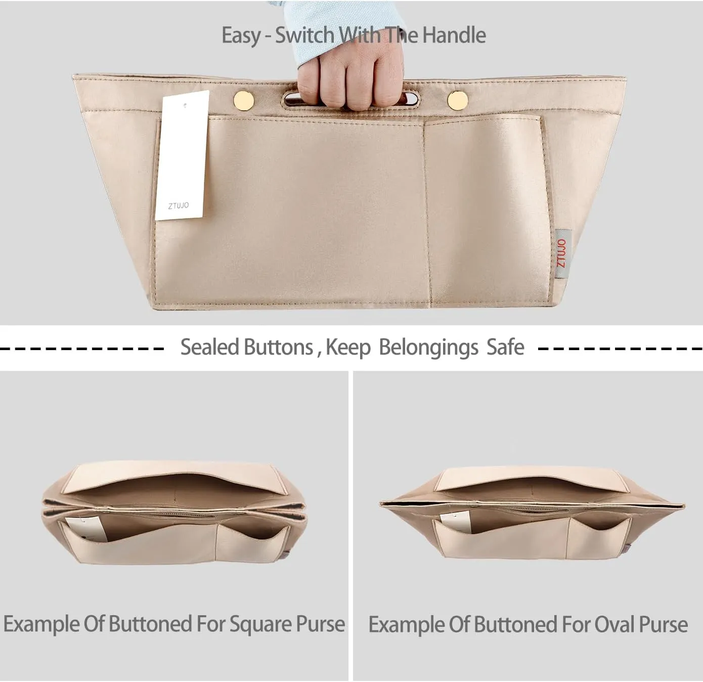 ZTUJO Purse Organizer Insert For Handbags, Silky Bag Organizer With 2 Zippers For Speedy Neverful Tote and More (Beige, XX-Large)