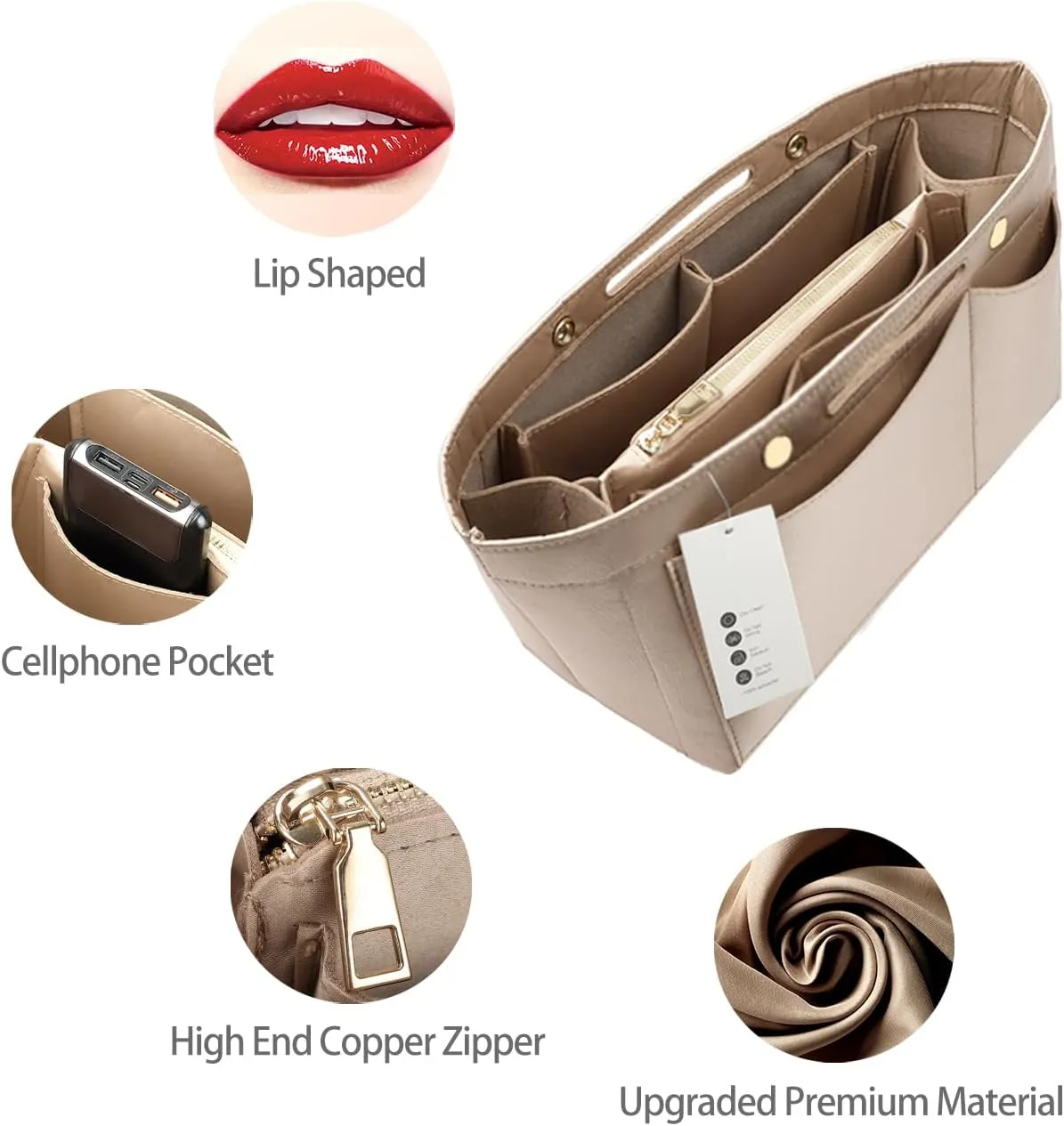 ZTUJO Purse Organizer Insert For Handbags, Silky Bag Organizer With 2 Zippers For Speedy Neverful Tote and More (Beige, XX-Large)