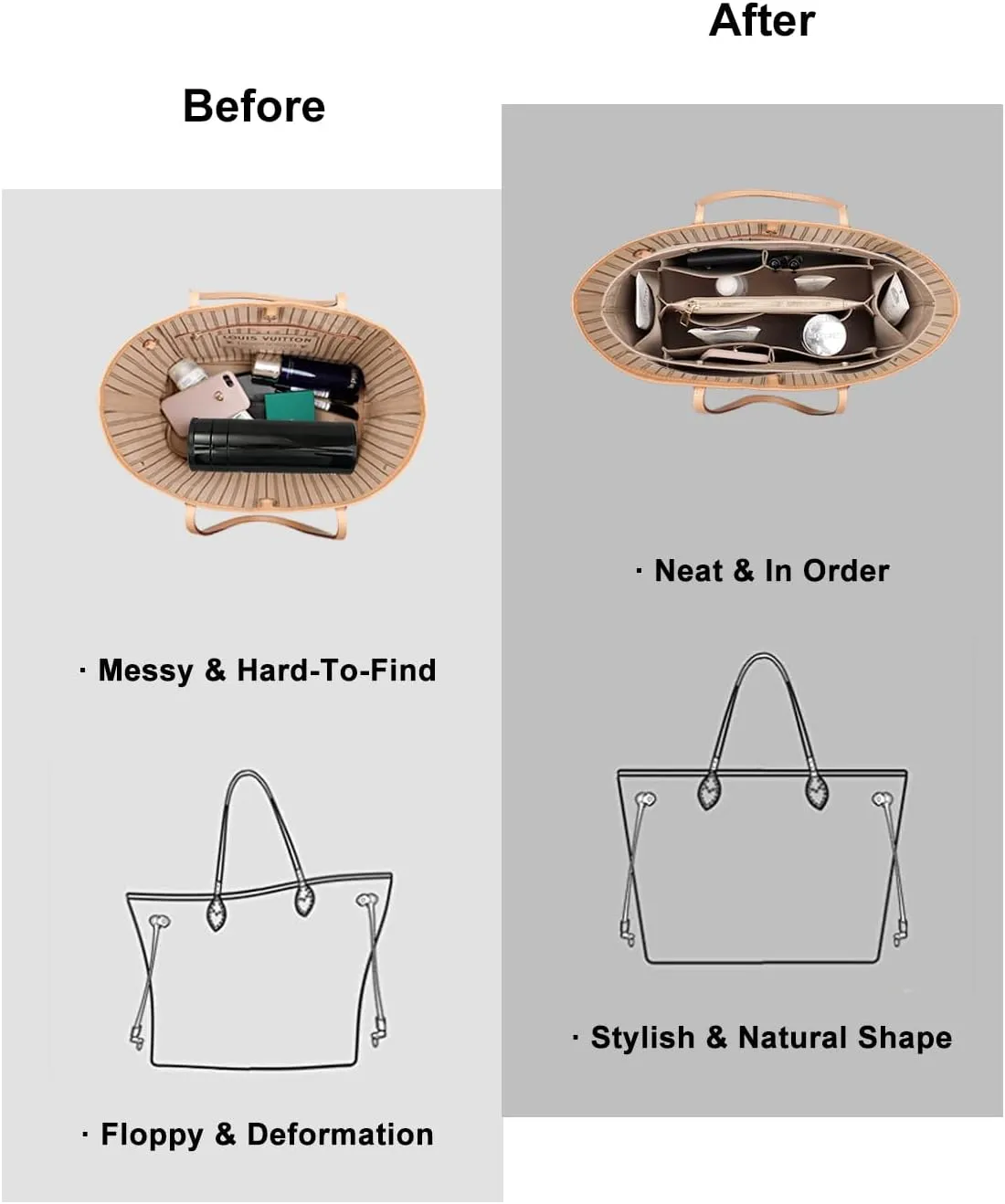 ZTUJO Purse Organizer Insert For Handbags, Silky Bag Organizer With 2 Zippers For Speedy Neverful Tote and More (Beige, XX-Large)