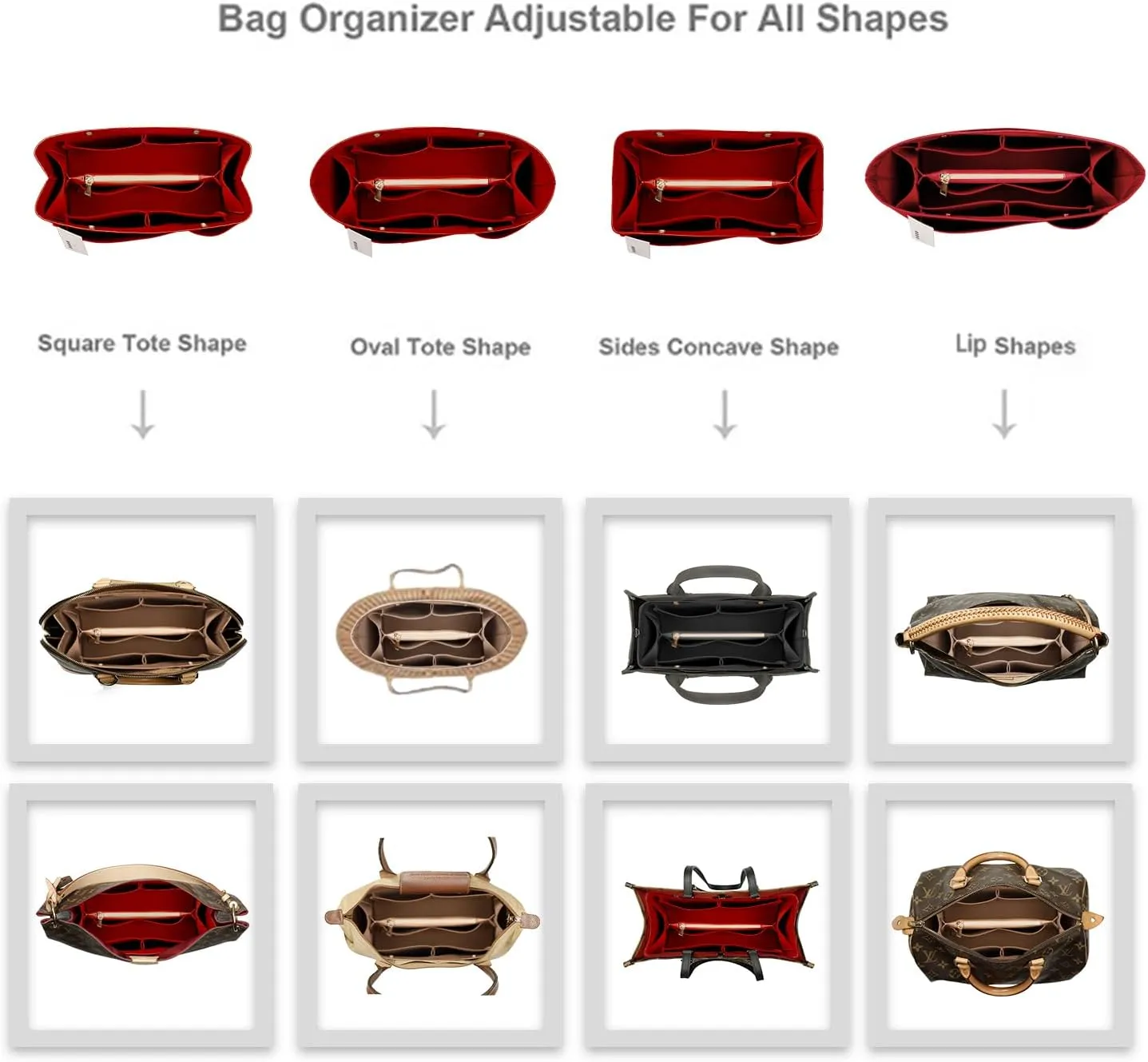 ZTUJO Purse Organizer Insert For Handbags, Silky Bag Organizer With 2 Zippers For Speedy Neverful Tote and More (Red, X-Large)
