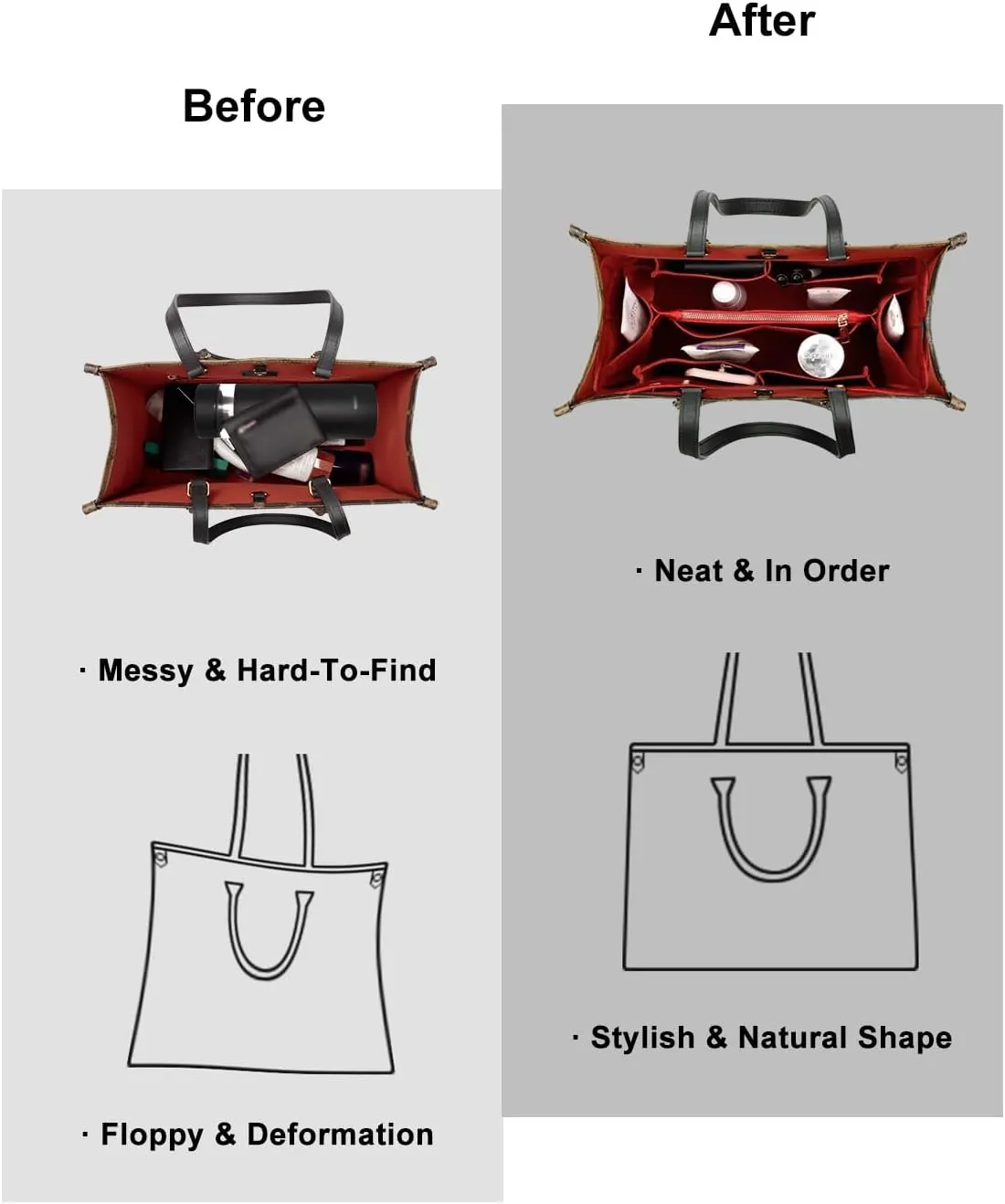 ZTUJO Purse Organizer Insert For Handbags, Silky Bag Organizer With 2 Zippers For Speedy Neverful Tote and More (Red, X-Large)