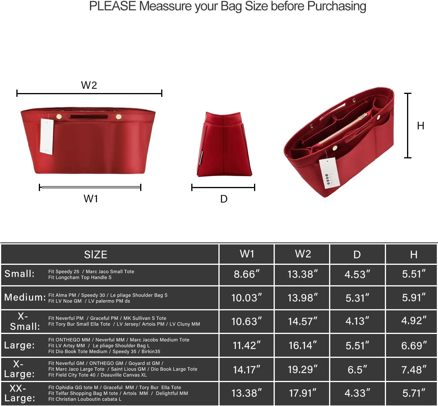 ZTUJO Purse Organizer Insert For Handbags, Silky Bag Organizer With 2 Zippers For Speedy Neverful Tote and More (Red, X-Large)