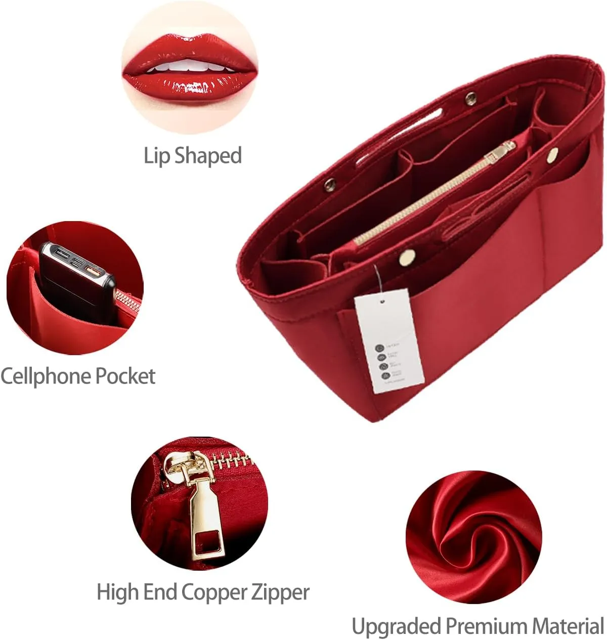 ZTUJO Purse Organizer Insert For Handbags, Silky Bag Organizer With 2 Zippers For Speedy Neverful Tote and More (Red, XX-Large)