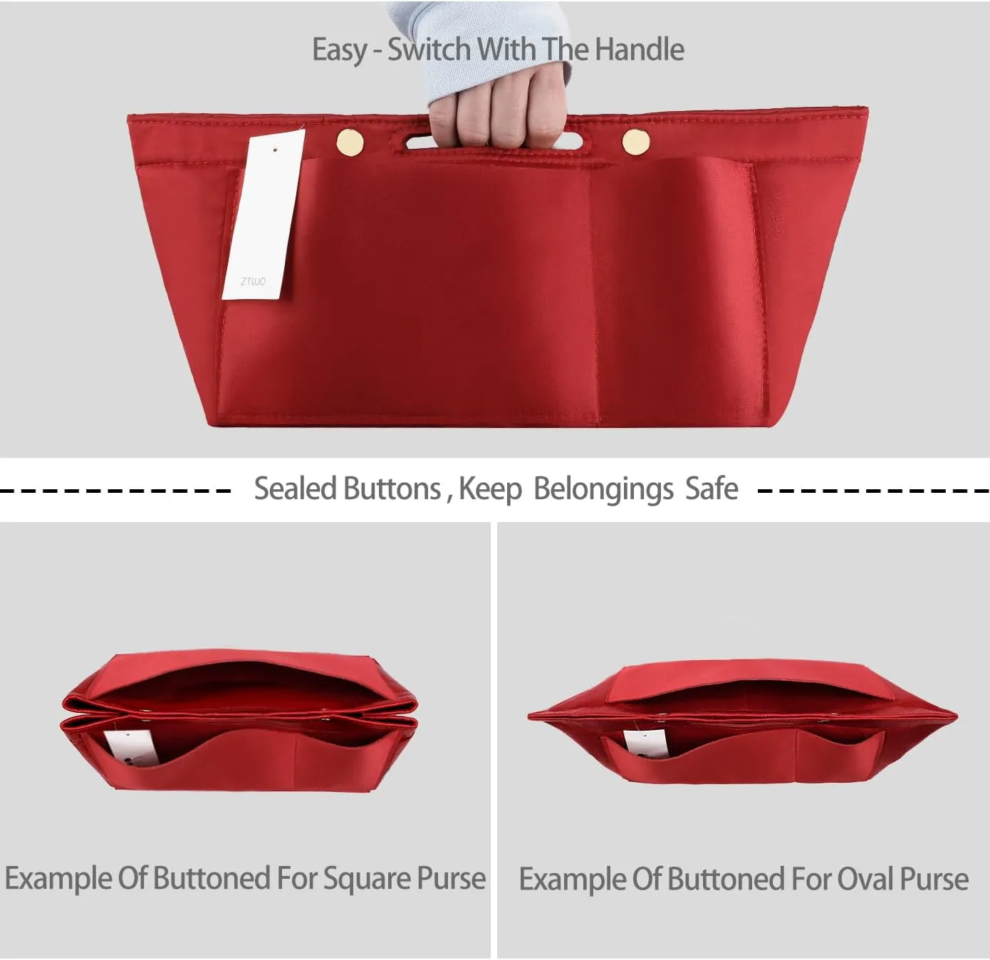 ZTUJO Purse Organizer Insert For Handbags, Silky Bag Organizer With 2 Zippers For Speedy Neverful Tote and More (Red, XX-Large)