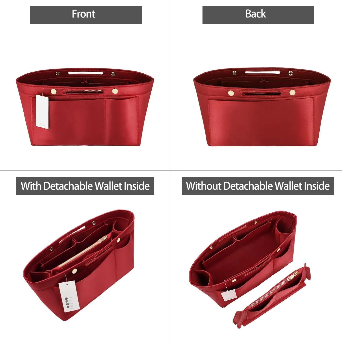 ZTUJO Purse Organizer Insert For Handbags, Silky Bag Organizer With 2 Zippers For Speedy Neverful Tote and More (Red, XX-Large)