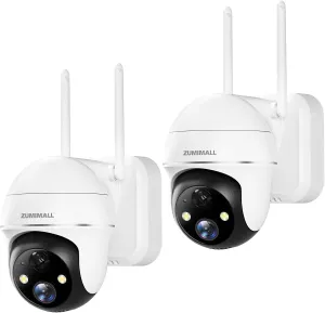 ZUMIMALL Security Cameras Wireless Outdoor - 2 Packs, 360° PTZ WiFi Battery Powered Cameras for Home Surveillance, Spotlight & Siren/PIR Detection/3MP Color Night Vision/2-Way Talk/IP66/Cloud