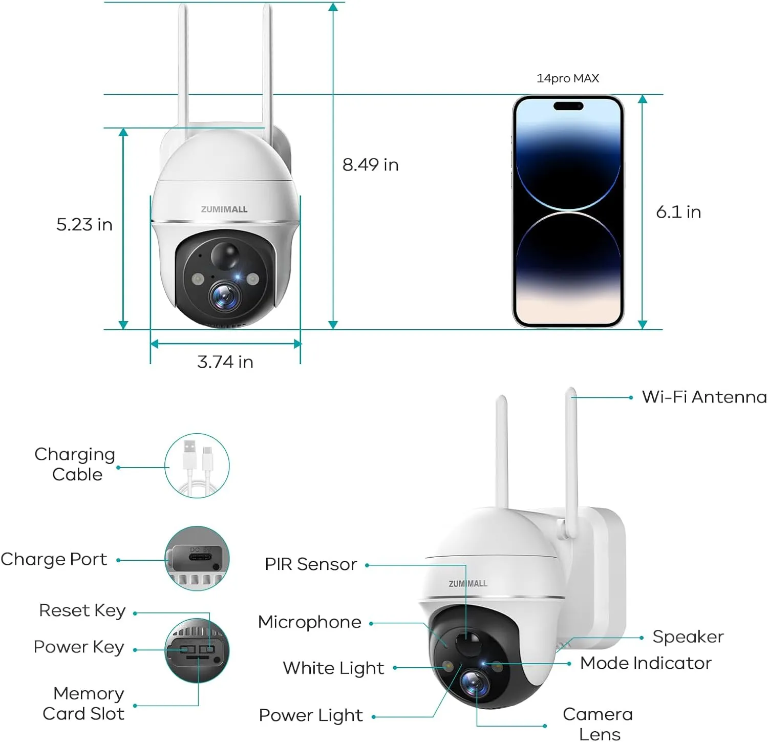 ZUMIMALL Security Cameras Wireless Outdoor - 2 Packs, 360° PTZ WiFi Battery Powered Cameras for Home Surveillance, Spotlight & Siren/PIR Detection/3MP Color Night Vision/2-Way Talk/IP66/Cloud