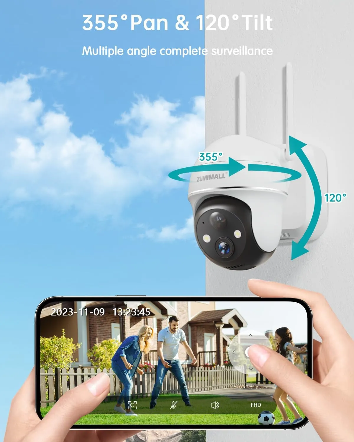 ZUMIMALL Security Cameras Wireless Outdoor - 2 Packs, 360° PTZ WiFi Battery Powered Cameras for Home Surveillance, Spotlight & Siren/PIR Detection/3MP Color Night Vision/2-Way Talk/IP66/Cloud