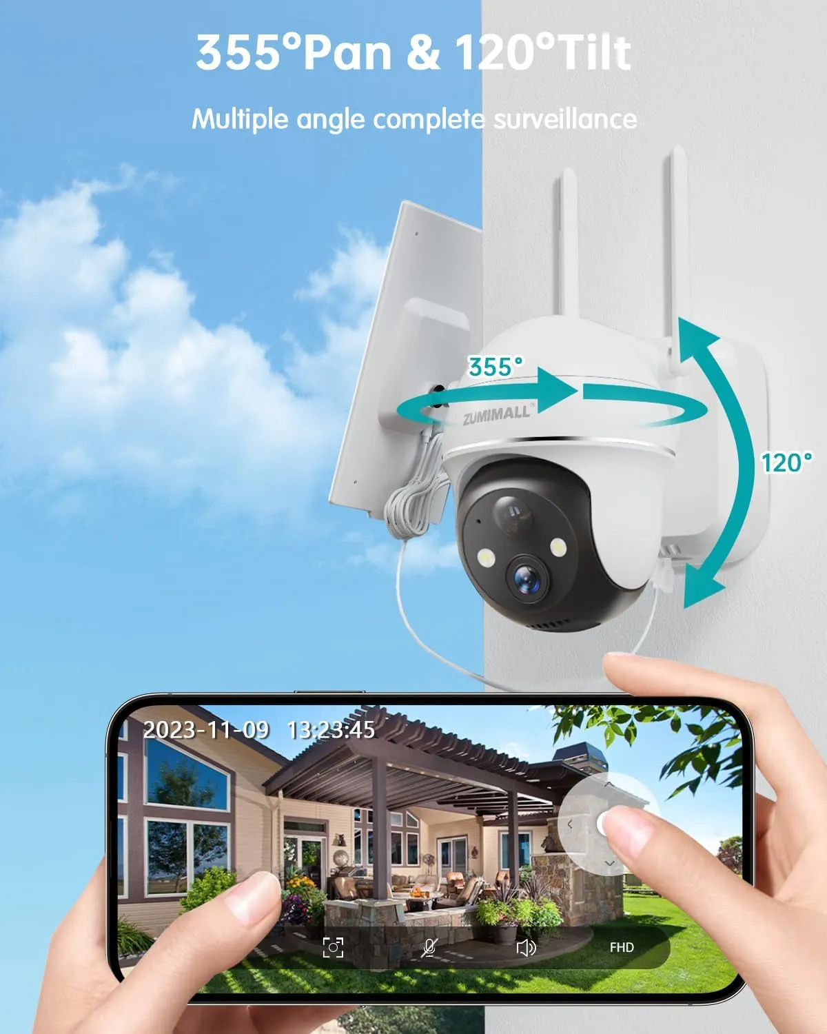 ZUMIMALL Solar Security Cameras Wireless Outdoor - 4 Packs, 360° View Outdoor Camera Wireless Solar Powered,2.4G WiFi Only, Spotlight/Siren//3MP Color Night Vision/AI Detection/IP66, Work with Alexa